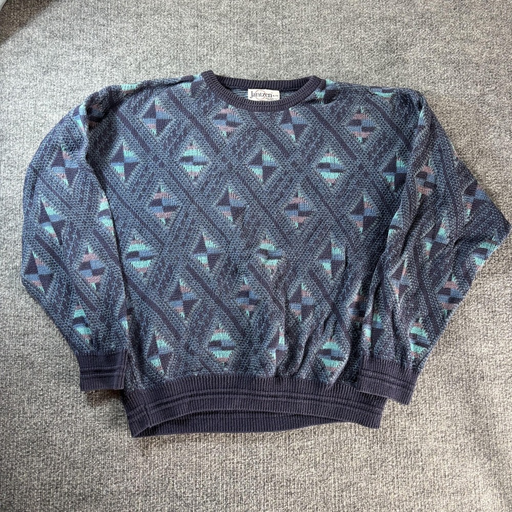 Vintage Jantzen Sweater Mens XL Blue Geometric Aztec Knit Crewneck Canada 90s